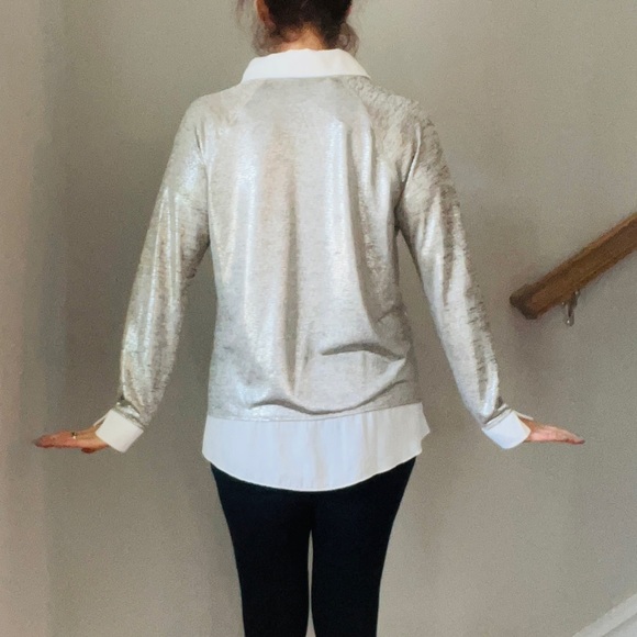 KIM & CAMI | Silver Sheen White Collar, Hem and Cuff Top - Picture 2 of 6